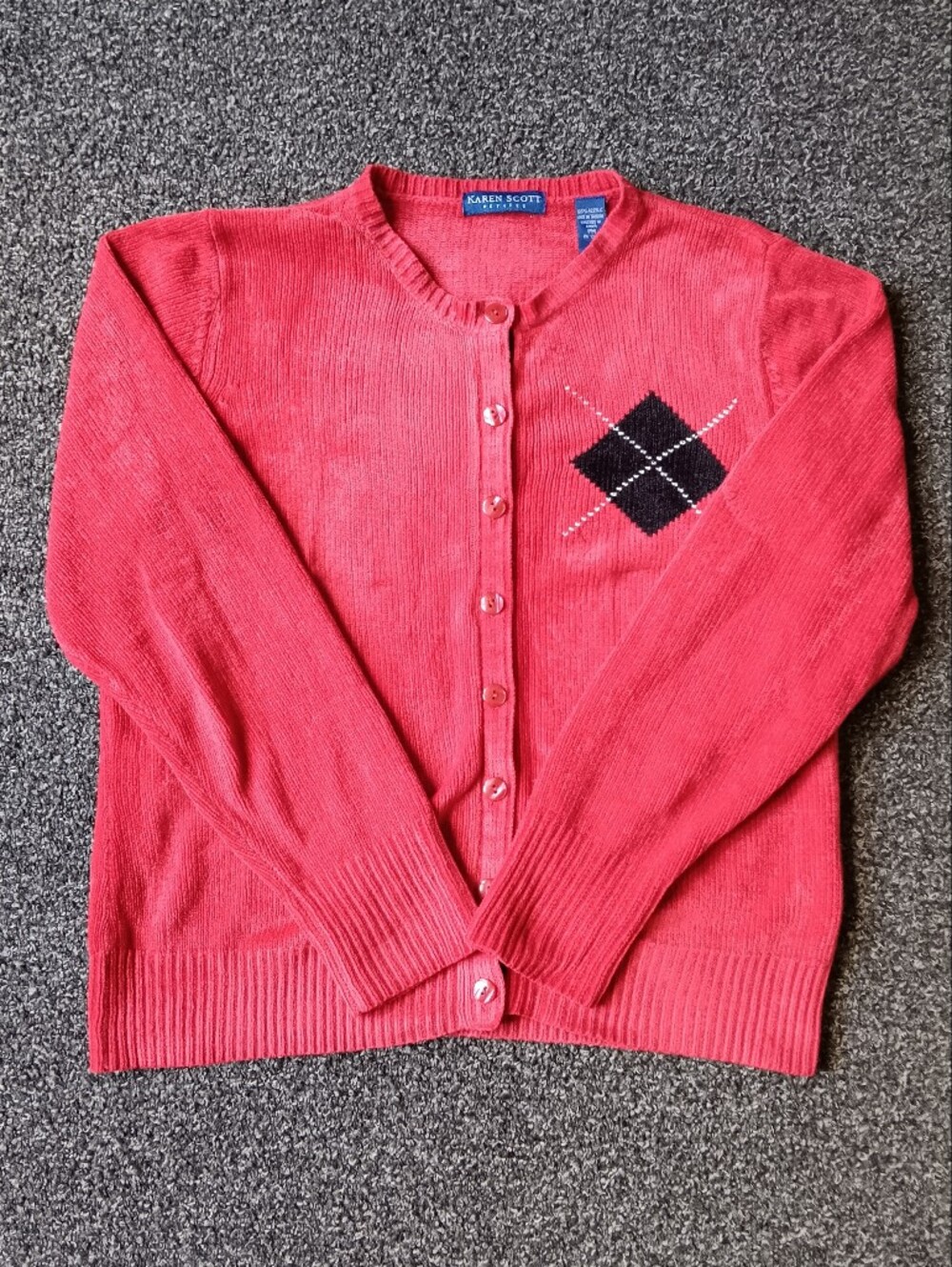 90s Red Button Up Holiday Cardigan Sweater By Karen Scott Petite Medium, Vintage - Picture 5 of 9